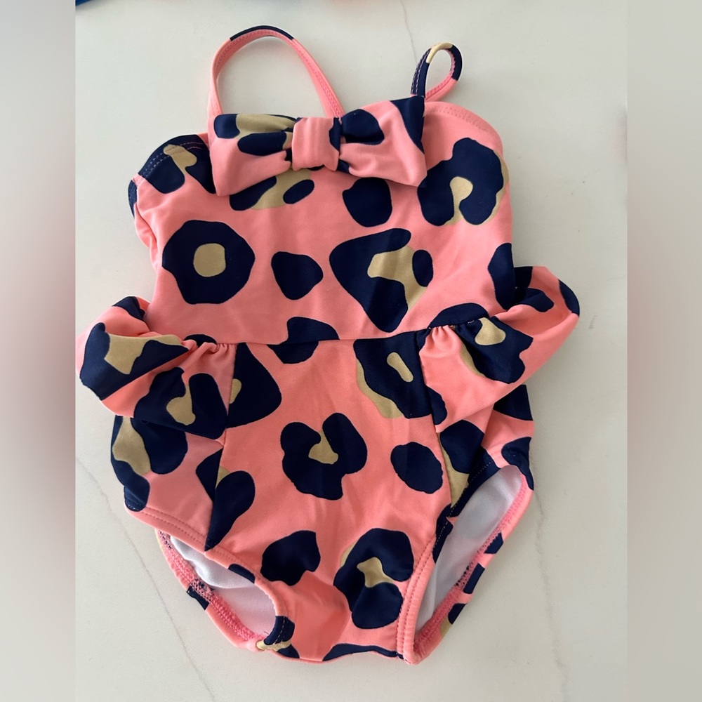 Janie and Jack Leopard Print Kids Swimsuit - Pink and navy